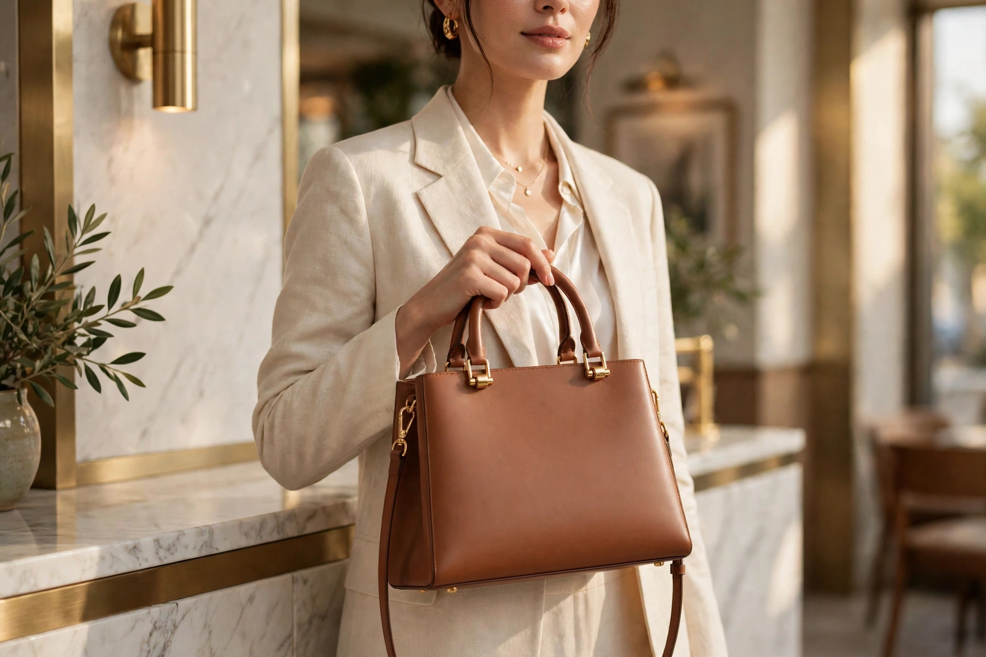 Bag 01 The Aurelia in cognac, carried in a marble and brass interior